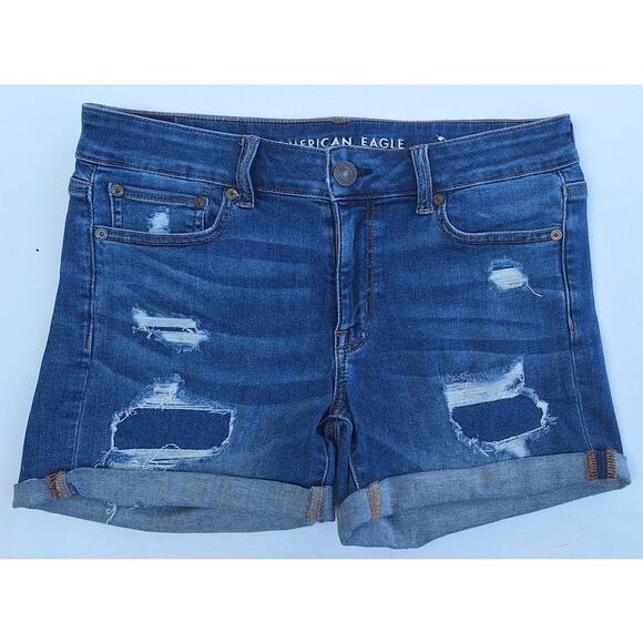 American Eagle Women's Midi Distressed Denim Shorts Blue Size 8 Rolled Hem - Picture 1 of 8